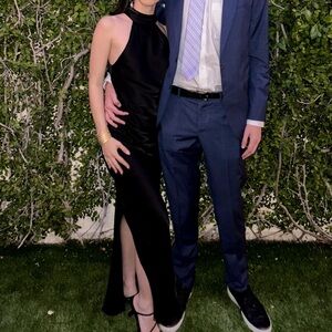 Meshki long black silk dress open back size XS